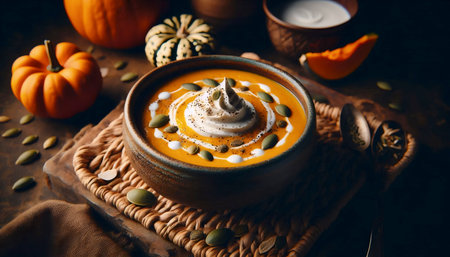 A textured soup served in a handmade bowl, Ai generated imageの写真素材