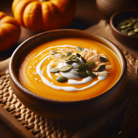 A textured soup served in a handmade bowl, Ai generated imageの写真素材