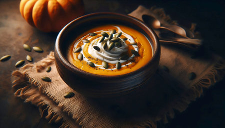 A textured soup served in a handmade bowl, Ai generated imageの写真素材