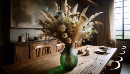 A centerpiece of dried flowers and recycled glassの写真素材