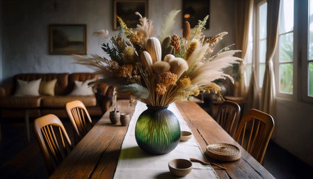A centerpiece of dried flowers and recycled glass, Ai generated imageの写真素材