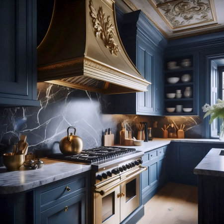 A graphite blue kitchen with oak open shelving, Ai generated imageの写真素材
