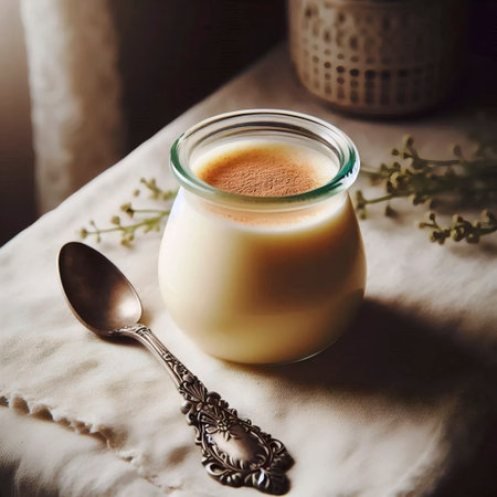 A simple vanilla pudding in a glass jar, Ai generated imageの写真素材