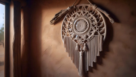 A wall hanging made of natural macrame and driftwood