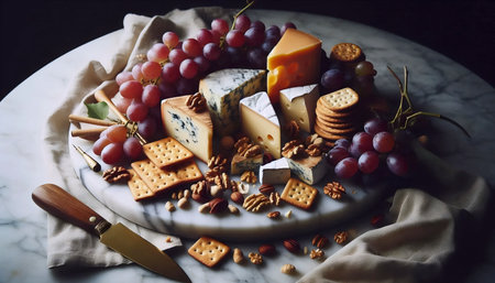 A beautifully arranged cheese board on marble, Ai generated imageの写真素材