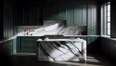 A moody dark green kitchen with brass accents, Ai generated image