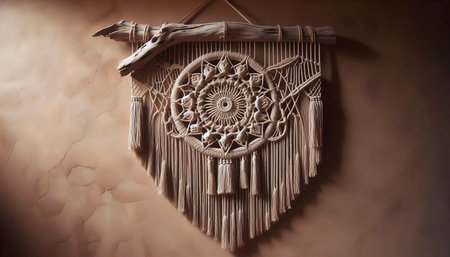 A wall hanging made of natural macrame and driftwoodの写真素材