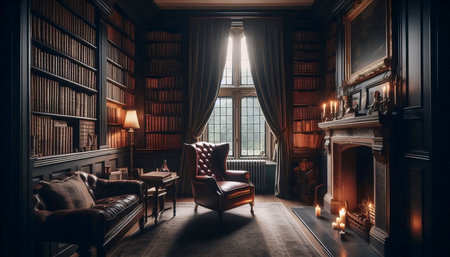 A classic English cottage library interior, Ai generated imageの写真素材