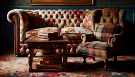 A floral and tartan upholstered seating area, Ai generated image