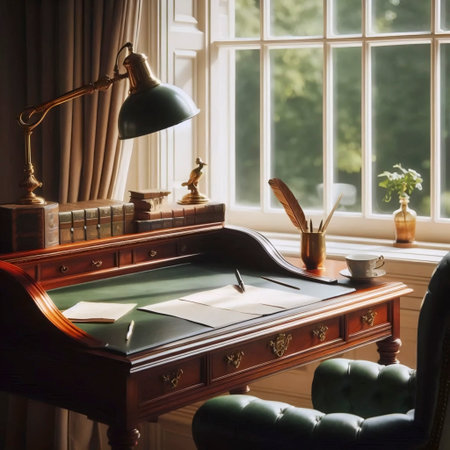 A vintage writing desk in a bay windowの写真素材