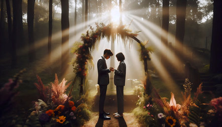 An intimate micro-wedding ceremony in a forest clearing, Ai generated imageの写真素材
