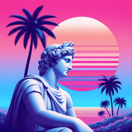 A retro vaporwave aesthetic digital landscape, Ai generated imageの写真素材