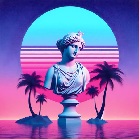 A retro vaporwave aesthetic digital landscape, Ai generated imageの写真素材