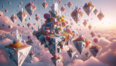 A surreal 3D landscape with floating objects, Ai generated image