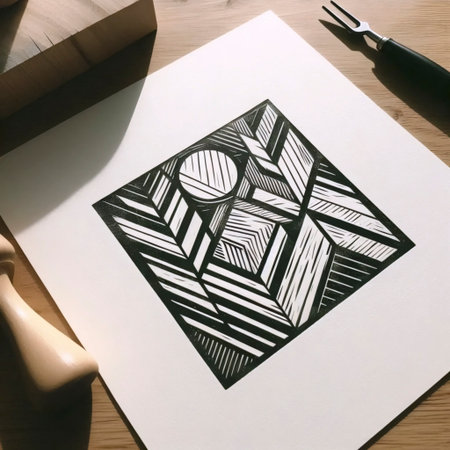 A modern linocut print with geometric shapes