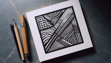 A modern linocut print with geometric shapes