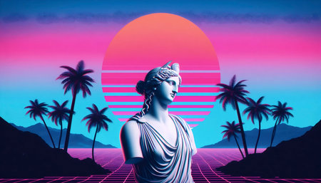 A retro vaporwave aesthetic digital landscape, Ai generated imageの写真素材