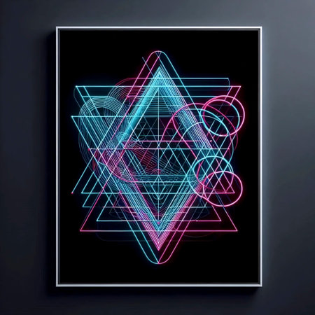 A digital neon geometric artwork poster, Ai generated image
