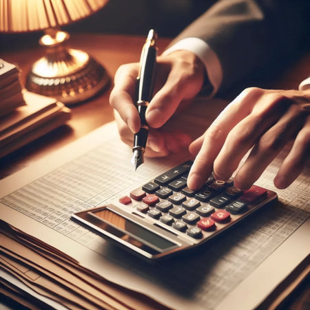 A hand using a calculator with printed spreadsheets, Ai generated imageの写真素材