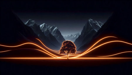 A continuous glowing neon line art landscape, Ai generated image