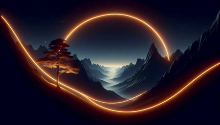 A continuous glowing neon line art landscape, Ai generated image