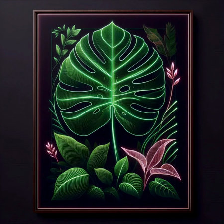A digital neon botanical artwork poster, Ai generated image