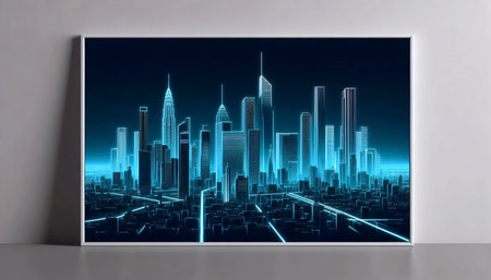 A digital neon city skyline artwork poster, Ai generated imageの写真素材