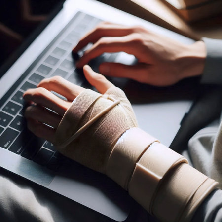 A hand in a wrist splint resting on a keyboard, Ai generated imageの写真素材