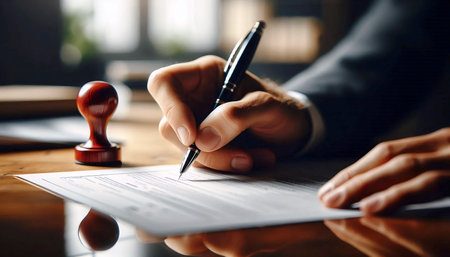 A hand holding a pen over an invoice, Ai generated imageの写真素材