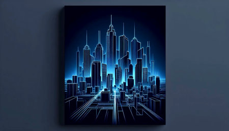 A digital neon city skyline artwork poster, Ai generated image