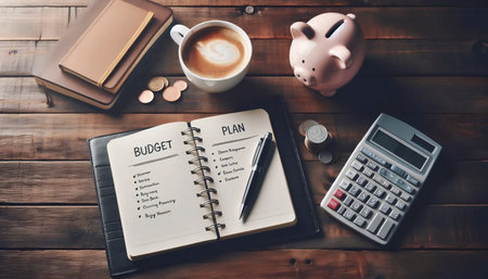 A budget planning session with a notebook, Ai generated imageの写真素材
