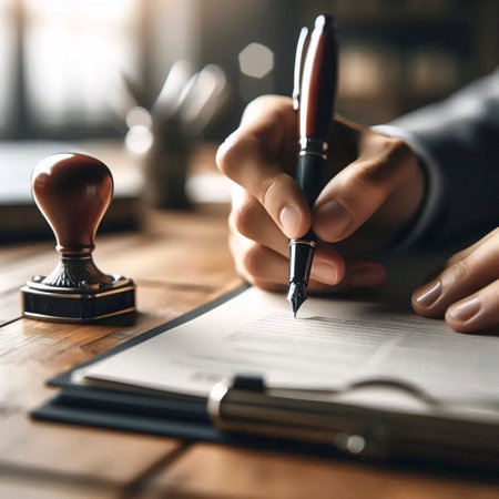 A hand holding a pen over an invoice, Ai generated imageの写真素材