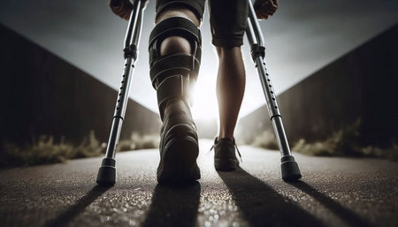 A person using crutches from a rear low-angle view, Ai generated imageの写真素材