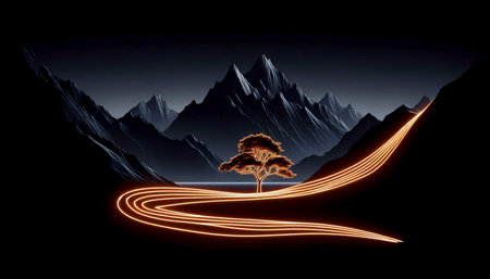 A continuous glowing neon line art landscape, Ai generated imageの写真素材