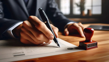 A hand holding a pen over an invoice, Ai generated image