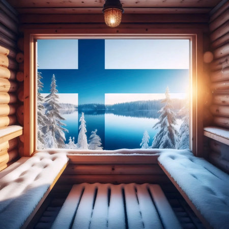 A Finnish flag in lakeside sauna culture, Ai generated imageの写真素材