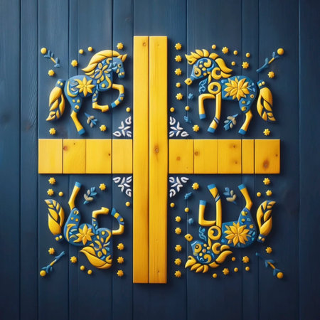 A Swedish flag from traditional folk art, Ai generated imageの写真素材