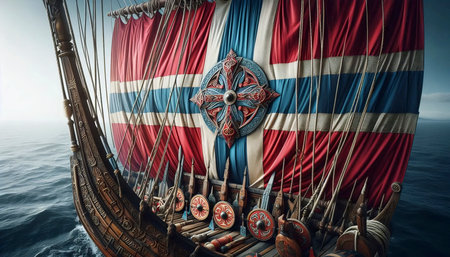 A Norwegian flag from Viking ship elements, Ai generated imageの写真素材