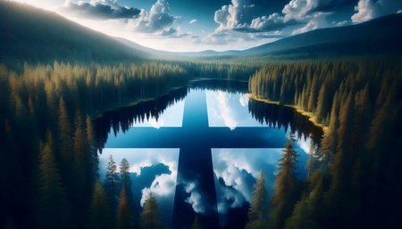 A flag in forest lake reflection, Ai generated imageの写真素材