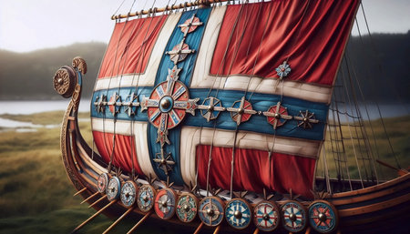 A Norwegian flag from Viking ship elements, Ai generated imageの写真素材