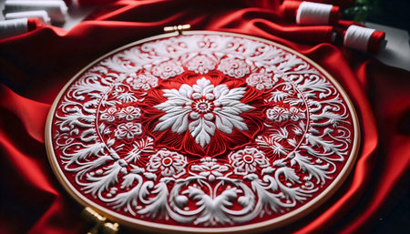 A Polish flag in traditional folk embroidery, Ai generated imageの写真素材
