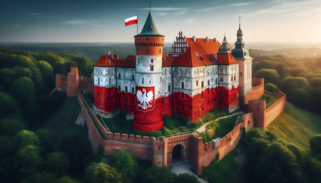 A Polish flag in historical castle architecture, Ai generated imageの写真素材