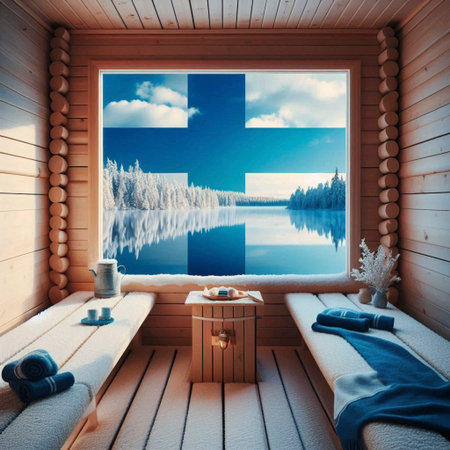 A Finnish flag in lakeside sauna culture, Ai generated imageの写真素材