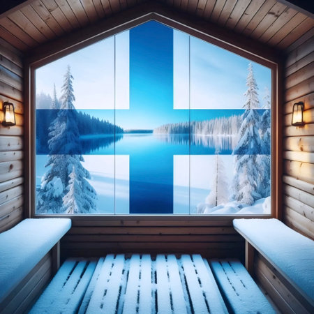A Finnish flag in lakeside sauna culture, Ai generated imageの写真素材