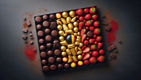 A Belgian flag in chocolate pralines assortment, Ai generated image
