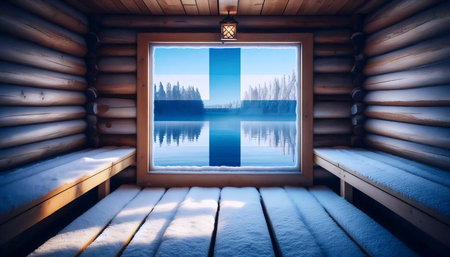 A Finnish flag in lakeside sauna culture, Ai generated imageの写真素材