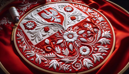 A Polish flag in traditional folk embroidery, Ai generated imageの写真素材