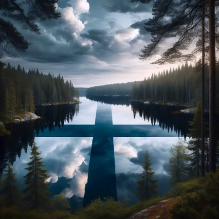 A flag in forest lake reflection, Ai generated imageの写真素材