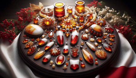A Polish flag in amber jewelry craftsmanship, Ai generated imageの写真素材