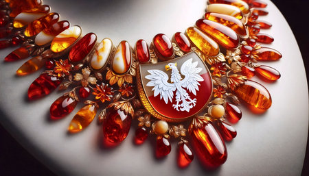 A Polish flag in amber jewelry craftsmanship, Ai generated imageの写真素材